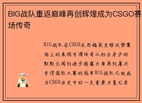 BIG战队重返巅峰再创辉煌成为CSGO赛场传奇